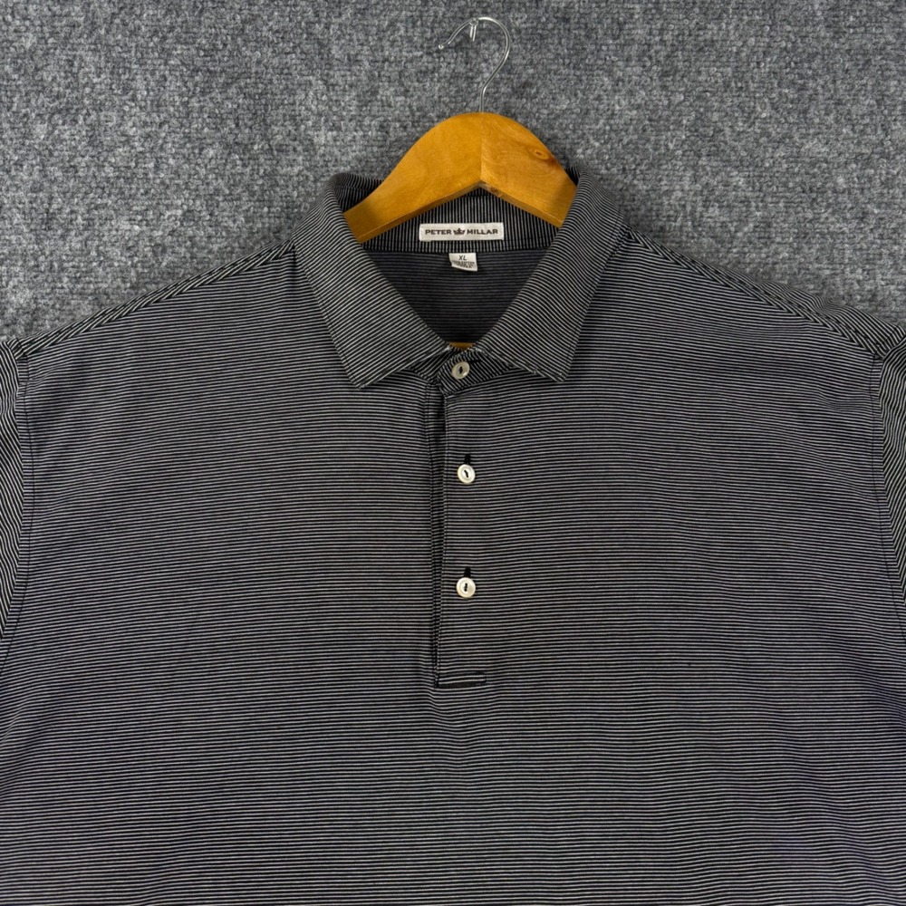Peter Millar Striped Polo Shirt Mens XL Black White Cotton Short Sleeve Classic